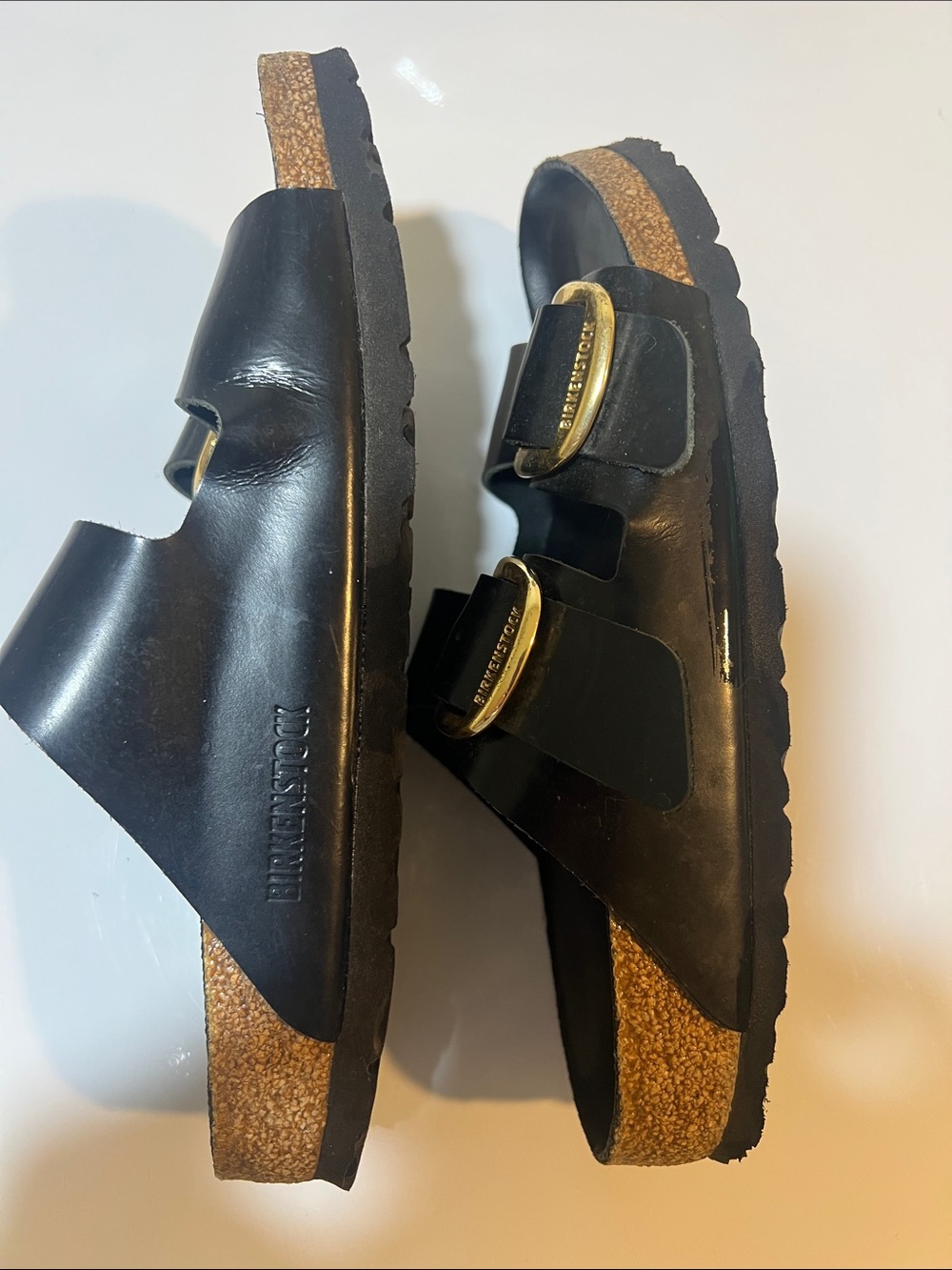 Birkenstock Black Leather Double-Buckle Slides with Gold Big Buckles 38 EU 7-7.5 - Picture 4 of 8